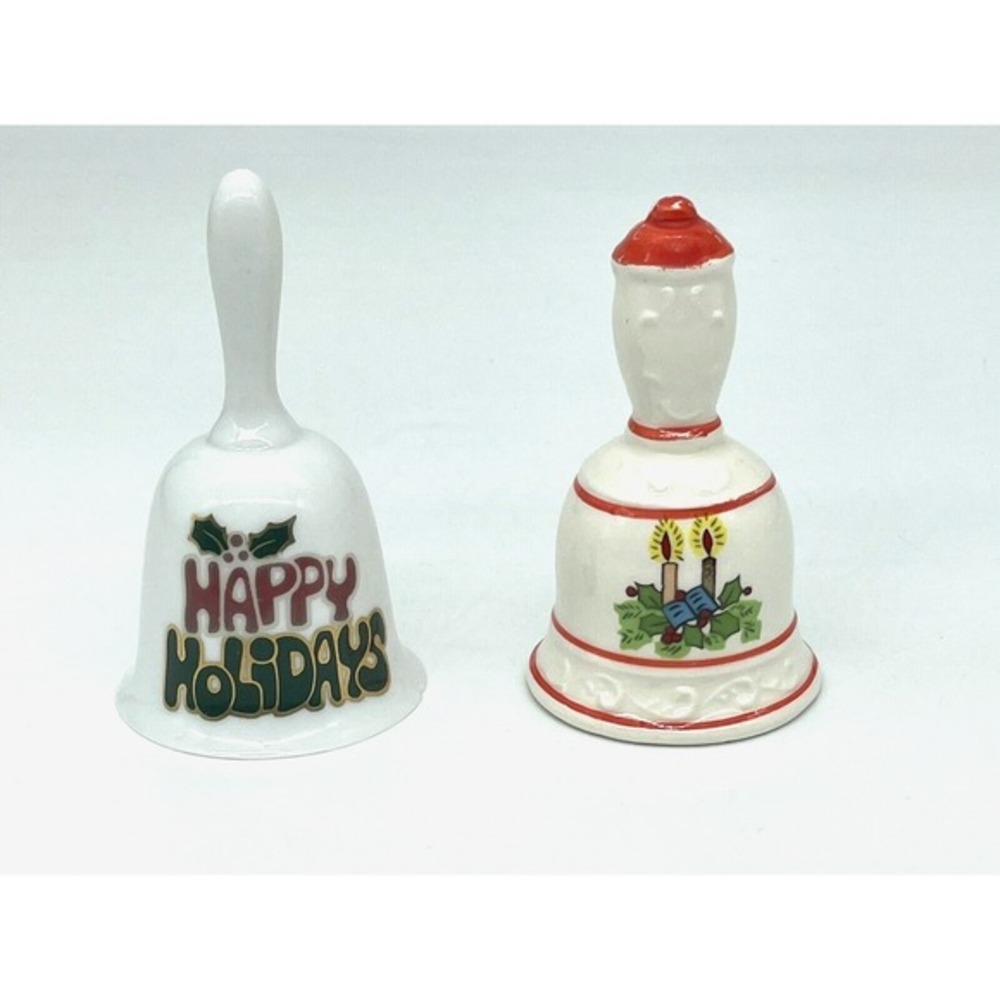Vintage 1986 Enesco Porcelain Christmas Bells Happy Holidays Taiwan Lot of‎ 2